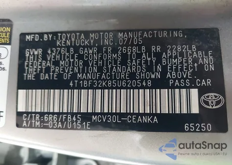 2005 Toyota Camry Le V6 из США, поврежденный, VIN 4T1BF32K85U620548